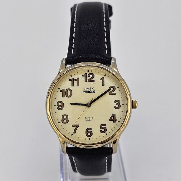 Timex Men's Watch 35MM Gold Dial New Black White Leather Bands New Battery - Picture 1 of 14